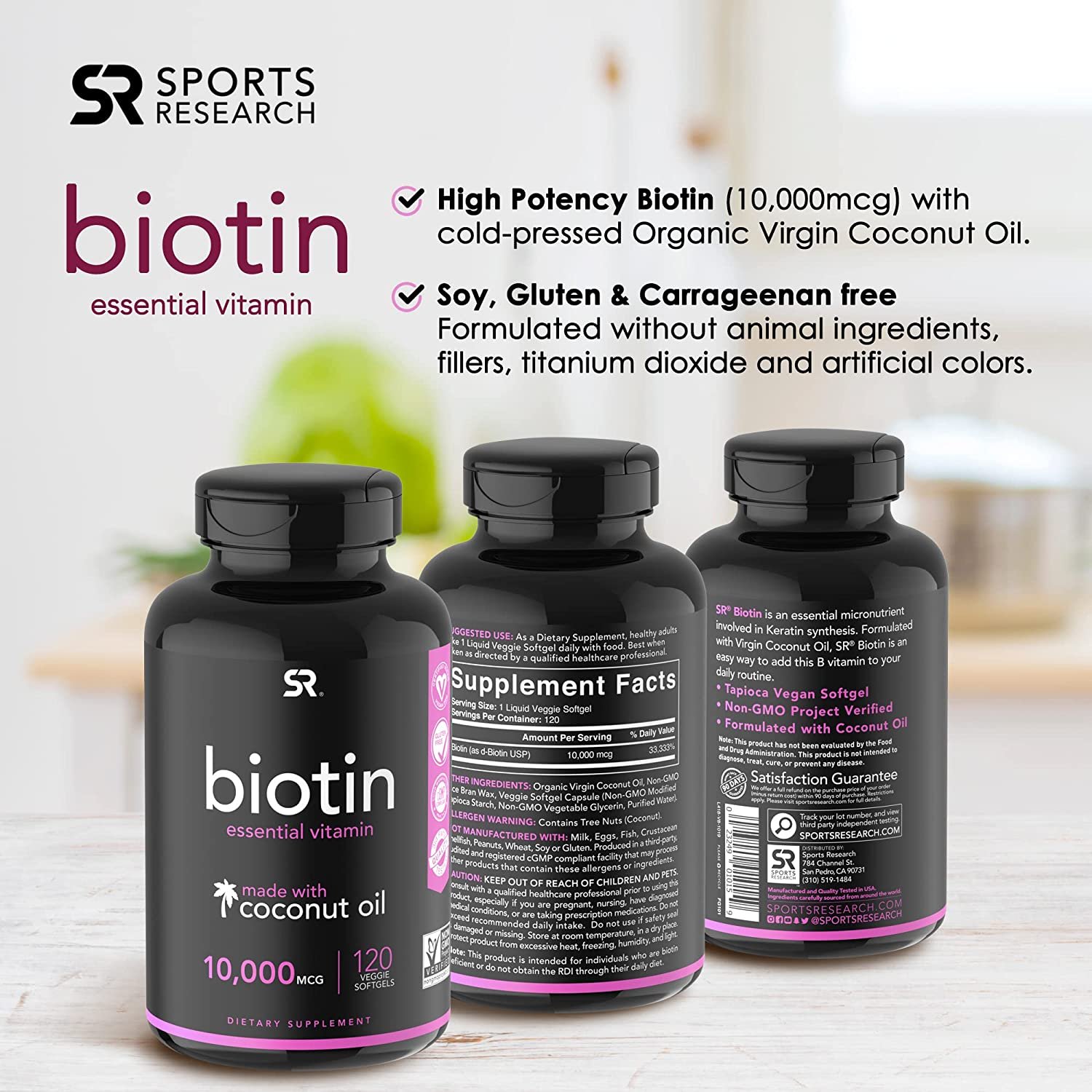 Sports Research Biotin (Vitamin B) Supplement with Organic Coconut Oil Ingredients